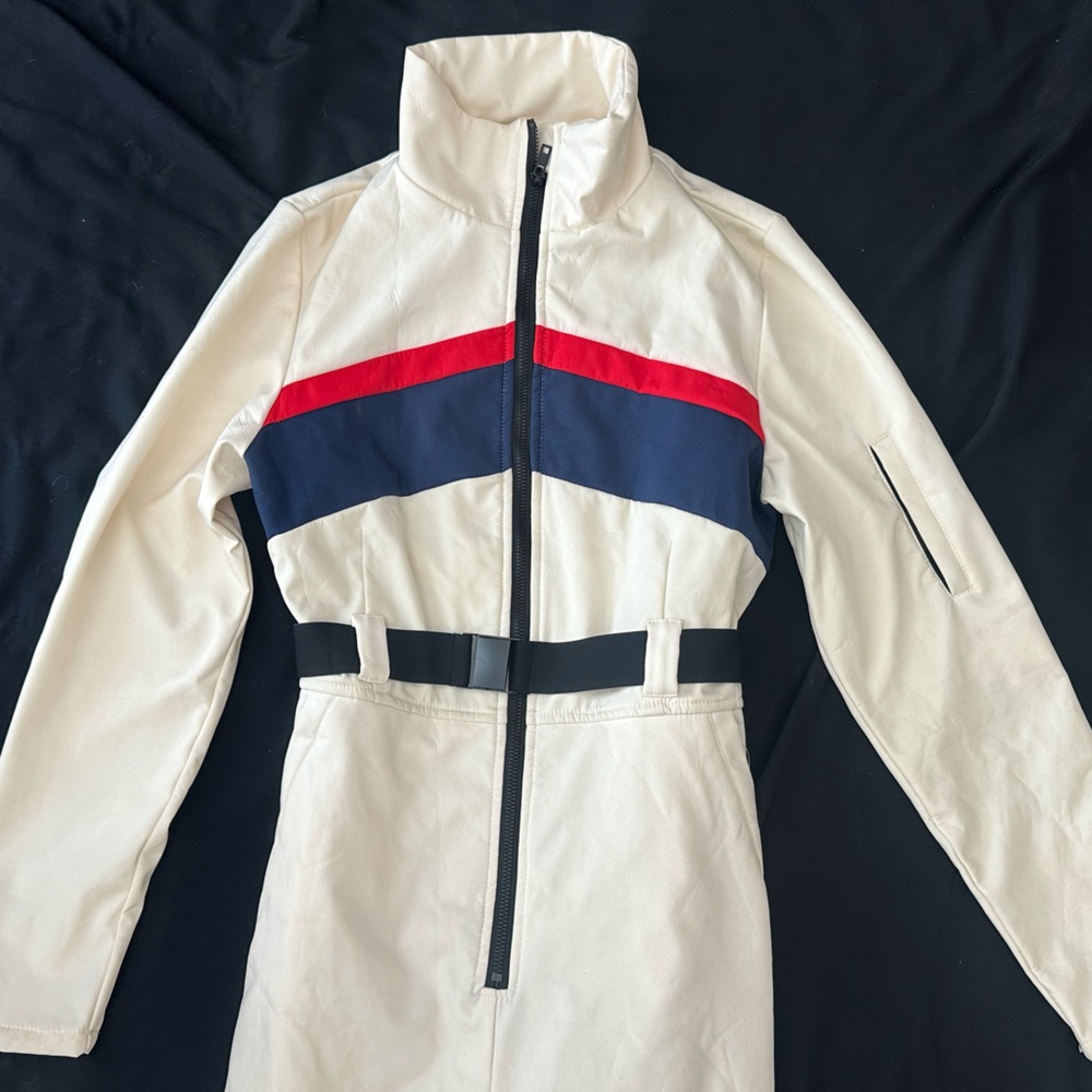 Boohoo White Jumpsuit with Red and Blue Stripes